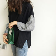 カットソー シャツ 生地切り替え レディース 女性 トップス 長袖 ラウンドネック スリット 無地 ストライプ柄 ゆるシルエット シンプル ロングTシャツ お洒落 お出かけ 普段使い 婦人用