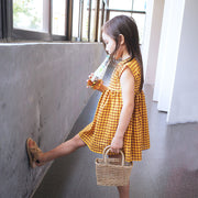 ワンピース キッズ 女の子 ノースリーブ クルーネック 丸首 膝丈 チェック フレア バックボタン かわいい おしゃれ 春 夏 イエロー レッド ブラック 90cm 100cm 110cm 120cm 130cm