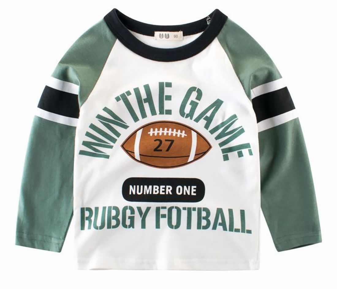 長袖 Tシャツ ラグラン ロンT キッズ 子ども 男の子 トップス 100cm 110cm 120cm 130cm 140cm  90cm グリーン ライン シンプル ラグビーボール 長袖カットソー 切り替え  イラスト プリント 子供服 遊び着 カジュアル 着替え 小学生 幼稚園 保育園 着回し