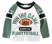 長袖 Tシャツ ラグラン ロンT キッズ 子ども 男の子 トップス 100cm 110cm 120cm 130cm 140cm  90cm グリーン ライン シンプル ラグビーボール 長袖カットソー 切り替え  イラスト プリント 子供服 遊び着 カジュアル 着替え 小学生 幼稚園 保育園 着回し