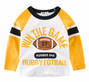 長袖 Tシャツ ラグラン ロンT キッズ 子ども 男の子 トップス 100cm 110cm 120cm 130cm 140cm  90cm グリーン ライン シンプル ラグビーボール 長袖カットソー 切り替え  イラスト プリント 子供服 遊び着 カジュアル 着替え 小学生 幼稚園 保育園 着回し