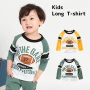 長袖 Tシャツ ラグラン ロンT キッズ 子ども 男の子 トップス 100cm 110cm 120cm 130cm 140cm  90cm グリーン ライン シンプル ラグビーボール 長袖カットソー 切り替え  イラスト プリント 子供服 遊び着 カジュアル 着替え 小学生 幼稚園 保育園 着回し