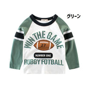 長袖 Tシャツ ラグラン ロンT キッズ 子ども 男の子 トップス 100cm 110cm 120cm 130cm 140cm  90cm グリーン ライン シンプル ラグビーボール 長袖カットソー 切り替え  イラスト プリント 子供服 遊び着 カジュアル 着替え 小学生 幼稚園 保育園 着回し