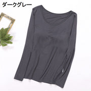 Tシャツ カップ付き レディース 長袖 カットソー ブラトップ プルオーバー 大きいサイズ ラウンドネック 無地 シンプル トップス インナー