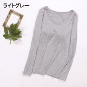 Tシャツ カップ付き レディース 長袖 カットソー ブラトップ プルオーバー 大きいサイズ ラウンドネック 無地 シンプル トップス インナー