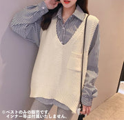 ベスト ニット セーター Vネック プルオーバー レディース 女性 トップス 胸ポケット リブ ゆったり ゆるシルエット オーバーサイズ 重ね着 シンプル お洒落 着回し 合わせやすい お出かけ 普段使い 婦人服