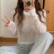 ニット レディース トップス 透かし編み 網 サマーニット クルーネック 長袖 リブ セクシー レイヤード ハイウエスト プルオーバー おしゃれ かわいい 女性 大人女子