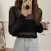 ニット レディース トップス 透かし編み 網 サマーニット クルーネック 長袖 リブ セクシー レイヤード ハイウエスト プルオーバー おしゃれ かわいい 女性 大人女子