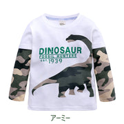 長袖Tシャツ カットソー キッズ ベビー 男の子 女の子 トップス 子供服 プリント 恐竜 ダイナソー 重ね着風 カモフラージュ風 迷彩 カジュアル かっこいい クール