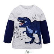 長袖Tシャツ カットソー キッズ ベビー 男の子 女の子 トップス 子供服 プリント 恐竜 ダイナソー 重ね着風 カモフラージュ風 迷彩 カジュアル かっこいい クール