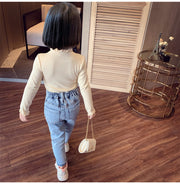 カットソー 長袖  ハイネック タートルネック トップス 単色 無地 メローロック 巻ロック キッズ 男の子 女の子 子供服 子ども シンプル おしゃれ 着回し かわいい 普段使い 防寒 デイリー 通園 通学 カジュアル 秋 冬