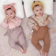 長袖カットソー ロングパンツ 子供服 ベビー 赤ちゃん 新生児 キッズ 女の子 男の子 ラウンドネック プルオーバー ワッシャー加工 シワ加工 トップス 長ズボン サスペンダー付き リブ おしゃれ かわいい お出かけ デイリー 出産祝い ギフト