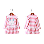 ワンピース 子供服 キッズ 女の子 長袖 肩フリル ギャザー ボーダー柄 裏毛 ウサギ かわいい おしゃれ お出かけ 普段使い 通園 通学