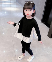 トレーナー 長袖 キッズ ベビー 子供 女の子 トップス ラウンドネック 生地切り替え 無地 シンプル ゆるシルエット ゆったり カジュアル お洒落 お出かけ 普段使い 子供服 女児 ブラック ホワイト