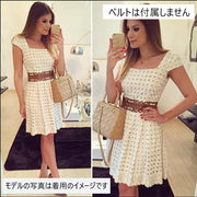 ワンピース レディース 半袖 スクエアネック 膝丈 フレア 無地 パンチング かわいい おしゃれ お出かけ 清楚 きれいめ 上品 女子力アップ フェミニン 高級感