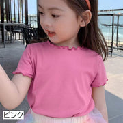 カットソー 半袖 子供服 キッズ ベビー 女の子 ラウンドネック 無地 80 90 100 110 120 130 140 単色 シンプル クルーネック リブ メロウフリル おしゃれ かわいい 女児 通園 通学 春 夏 女子 着回し 夏服 ブラック 黒 ホワイト 白 ピンク