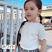 カットソー 半袖 子供服 キッズ ベビー 女の子 ラウンドネック 無地 80 90 100 110 120 130 140 単色 シンプル クルーネック リブ メロウフリル おしゃれ かわいい 女児 通園 通学 春 夏 女子 着回し 夏服 ブラック 黒 ホワイト 白 ピンク