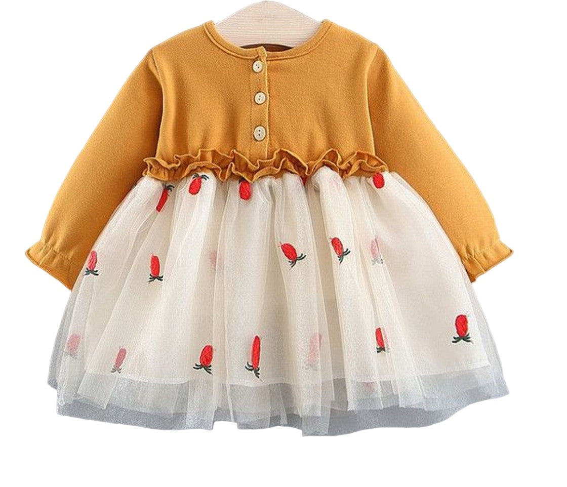 ワンピース 長袖 ベビー キッズ 子供服 女の子 レース ボタン フリル パイナップル ふんわり おしゃれ おでかけ 春 秋