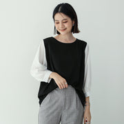 ブラウス カットソー 七分袖 レディース 女性 婦人服 トップス ラウンドネック 袖ボタン プルオーバー 切り替え ふんわり 体型カバー 無地 ストライプ しましま シンプル かわいい 上品 着回し おしゃれ お出かけ 白 黒
