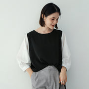 ブラウス カットソー 七分袖 レディース 女性 婦人服 トップス ラウンドネック 袖ボタン プルオーバー 切り替え ふんわり 体型カバー 無地 ストライプ しましま シンプル かわいい 上品 着回し おしゃれ お出かけ 白 黒