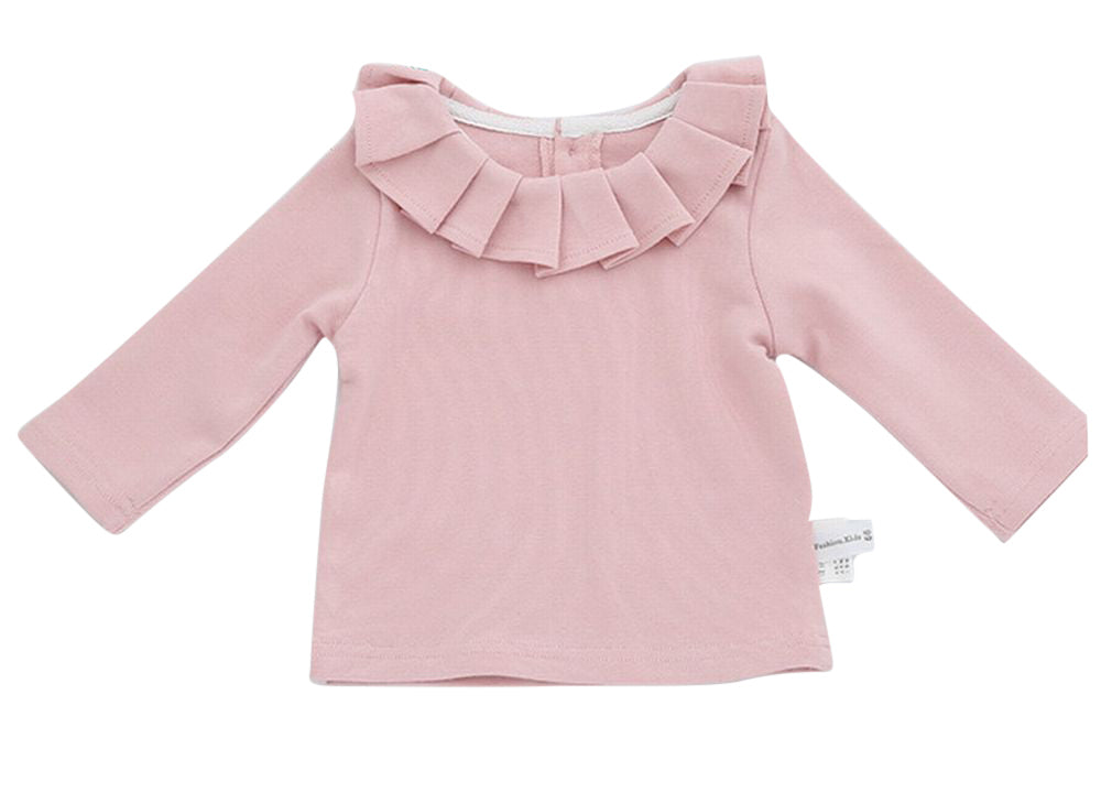 カットソー 長袖 背中ボタン ラッフルカラー ベビー用 キッズ用 トップス フリル おしゃれ 可愛い かわいい ガーリー シンプル 無地 単色 ソリッドカラー 女の子 女児 ベビー服 赤ちゃん 幼児 子供服 子ども服 こども服 66cm 73cm 80cm 90cm 100cm 黒 白 ピンク