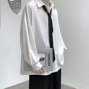 長袖シャツ タイ付き メンズ 男性用 トップス カジュアルシャツ サテン オーバーサイズ 襟付き 無地 大きいサイズ ゆったり おしゃれ かっこいい カジュアル きれいめ 羽織り ブラック ホワイト ライトブルー 黒 白 青