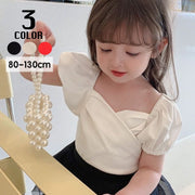 カットソー 半袖 パフスリーブ キッズ 子供服 女の子 トップス Tシャツ 無地 カシュクール 定番 可愛い カジュアル お出かけ 部屋着 通園 通学 バルーンスリーブ 黒 白 レッド 80 90 100 110 120 130