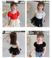 カットソー 半袖 パフスリーブ キッズ 子供服 女の子 トップス Tシャツ 無地 カシュクール 定番 可愛い カジュアル お出かけ 部屋着 通園 通学 バルーンスリーブ 黒 白 レッド 80 90 100 110 120 130