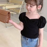 カットソー 半袖 パフスリーブ キッズ 子供服 女の子 トップス Tシャツ 無地 カシュクール 定番 可愛い カジュアル お出かけ 部屋着 通園 通学 バルーンスリーブ 黒 白 レッド 80 90 100 110 120 130