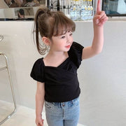 カットソー 半袖 パフスリーブ キッズ 子供服 女の子 トップス Tシャツ 無地 カシュクール 定番 可愛い カジュアル お出かけ 部屋着 通園 通学 バルーンスリーブ 黒 白 レッド 80 90 100 110 120 130