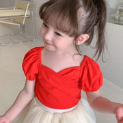 カットソー 半袖 パフスリーブ キッズ 子供服 女の子 トップス Tシャツ 無地 カシュクール 定番 可愛い カジュアル お出かけ 部屋着 通園 通学 バルーンスリーブ 黒 白 レッド 80 90 100 110 120 130