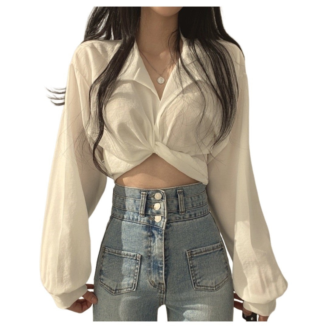ブラウス 長袖 レディース 女性 トップス ショート丈 バックリボン 裾クロス フロントクロス ヘソ出し プルオーバー 無地 上品 可愛い 婦人服