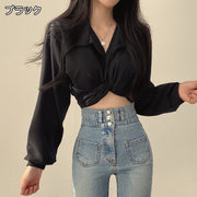 ブラウス 長袖 レディース 女性 トップス ショート丈 バックリボン 裾クロス フロントクロス ヘソ出し プルオーバー 無地 上品 可愛い 婦人服