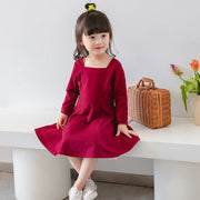 ワンピース ワンピ 長袖 フレア 膝丈 スクエアネック キッズ 子供服 女の子 無地 単色 シンプル かわいい おしゃれ 80 90 100 110 120 130cm
