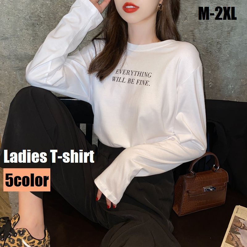 長袖Ｔシャツ カットソー ロンＴ レディース 女性 婦人 大きいサイズ 丸首 ラウンドネック ロゴ 無地 単色 シンプル かわいい おしゃれ カジュアル