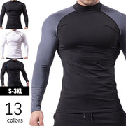 コンプレッション スポーツウエア ハイネック 長袖Tシャツ インナー トップス メンズ コンプレッションウエア 無地 バイカラー ライン スリム フィット トレーニングウエア 吸汗 速乾 男性用 アンダーウエア