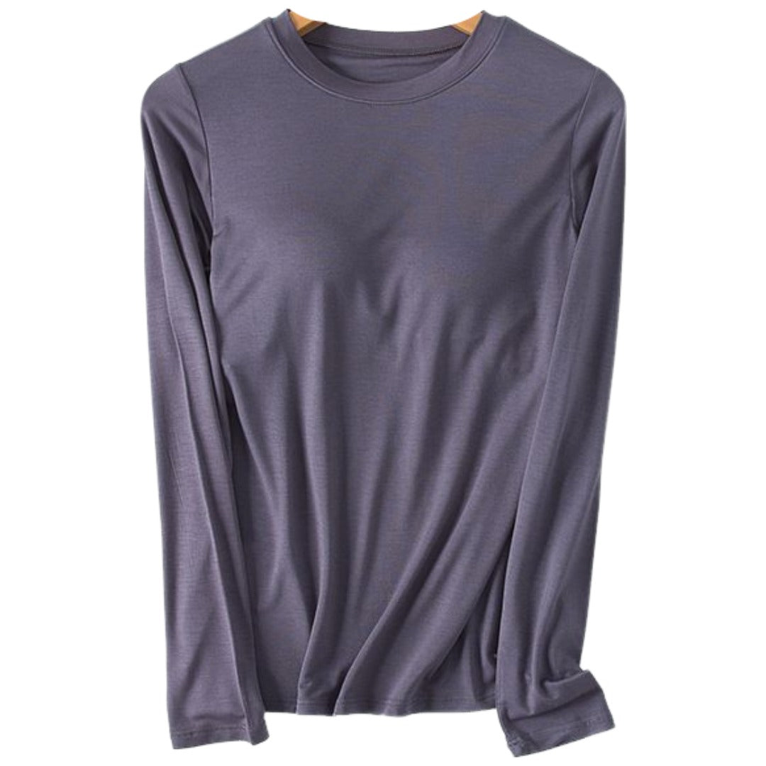 Tシャツ カップ付き レディース 長袖 カットソー ブラトップ プルオーバー 大きいサイズ ラウンドネック 無地 シンプル トップス インナー