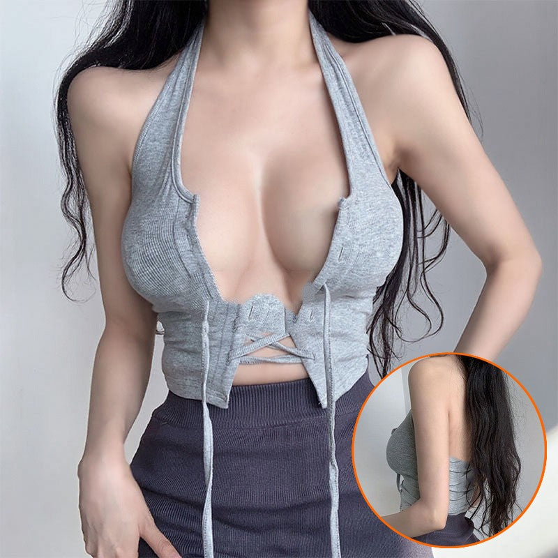 ノースリーブカットソー レディース 女性 ショート丈 ホルターネック レースアップ スリム タイト 深Vネック 美背中 セクシー