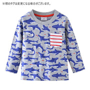 カットソー 子供服 子供用 キッズ 女の子 男の子 トップス 長袖 丸首 ラウンドネック 胸ポケット付き サメ 動物 アニマル 総柄 グレー カジュアル かわいい キュート かっこいい