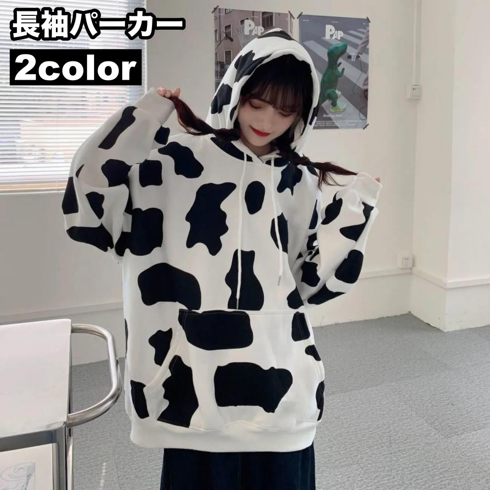 パーカー プルオーバー 長袖 オーバーサイズ ビッグシルエット レディース 女性 トップス 大きいサイズ ゆったり ポケット ウシ柄 お洒落 カジュアル 婦人服