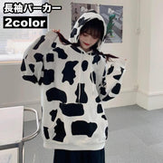 パーカー プルオーバー 長袖 オーバーサイズ ビッグシルエット レディース 女性 トップス 大きいサイズ ゆったり ポケット ウシ柄 お洒落 カジュアル 婦人服