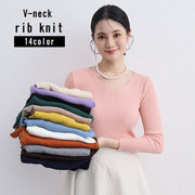 リブニット レディース 女性用 トップス セーター 長袖 Vネック タイト フィット感 無地 シンプル ベーシック おしゃれ カラバリ豊富