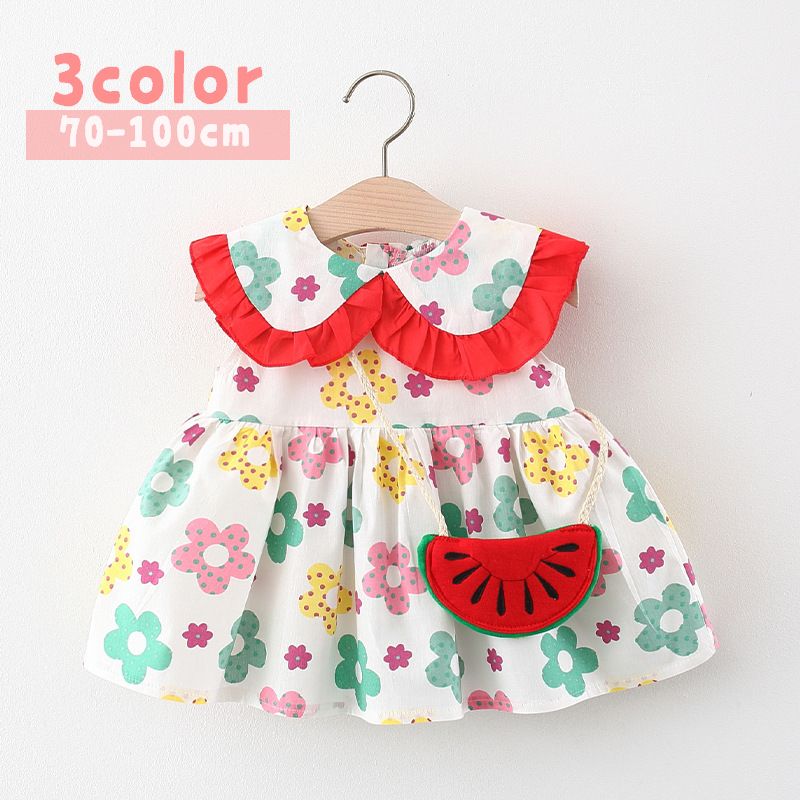 ワンピース 子供服 ベビー キッズ 女の子 アクセサリー付き 2点セット ノースリーブ 花柄 フリル フラワー 丸襟 かわいい フレア 切り替え キュート 赤ちゃん こども用