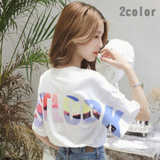 Tシャツ カットソー レディース トップス 半袖 ラウンドネック ロゴ プリント バックプリント ゆったり カジュアル おしゃれ かわいい シンプル 女性 婦人服