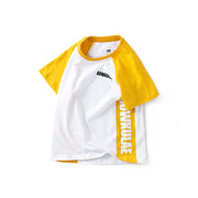 Tシャツ ラグラン ラウンドネック クルーネック バイカラー 半袖 キッズ ジュニア 男の子 女の子 ロゴ プリント 子ども服 夏服 かわいい 普段着 デイリー