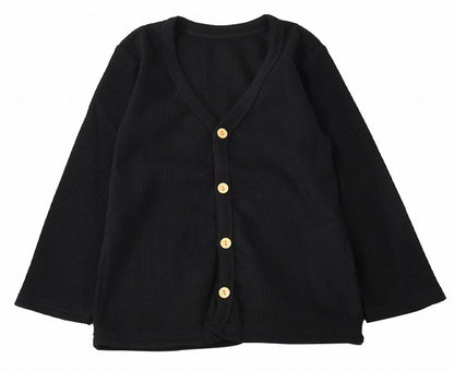 カーディガン Vネック 長袖 ワッフル生地 子供服 キッズ ブラック バリエーション画像