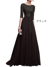 ドレス レディース ワンピース 七分袖 バトーネック マキシ ロング 刺繍 レース 無地 フォーマル フレア パーティ 結婚式 二次会 イベント エレガント 上品