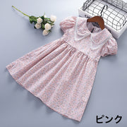 ワンピース Aライン キッズ ジュニア 子供 女の子 ガールズ 半袖 ラウンドネック 膝丈 パフスリーブ ギャザー バックボタン 花柄 フラワー お洒落 お出かけ 普段使い 子供服 女児 ピンク ライトブルー