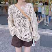 ニット 長袖 レディース 女性 婦人服 トップス 透かし編み 重ね着 レイヤード ゆったり 透け感 セーター 格子柄 チェック クルーネック Vネック おしゃれ かわいい カジュアル シンプル 着回し 紫外線対策 体系カバー 白 ベージュ カーキ ピンク