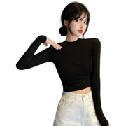 Tシャツ カットソー 長袖 ショート丈 レディース へそ出し トップス 無地 シンプル ヒップホップ タイト スリム Vネック クルーネック Uネック スクエアネック ラウンドネック 丸首 クロップド丈 ロンT 伸縮性 ストレッチ ブラック ホワイト グレー カジュアル ストリート風 ダンス 春 秋 女性 普段着 着回し 合わせやすい フリーサイズ